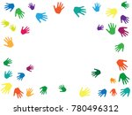 Hands border, palms frame isolated on white vector illustration. Multicolored handprints, symbols of friendship, teamwork. Art therapy concept. Kids hands prints in paint.