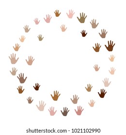 Hands border, palms frame isolated on white vector background design. Skin color diversity concept. Social, national, racial issues symbols.  Hand prints, human palms helping people concept.