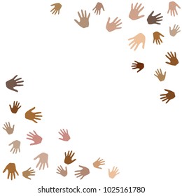 Hands border, palms frame isolated vector background. Skin color diversity concept. Social, national, racial issues icons.  Hand prints, human palms helping people concept.