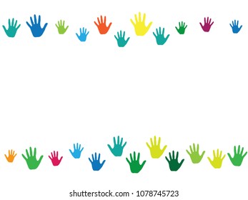 Hands border, palms frame isolated on white vector background design. Colorful handprints, symbols of working together, cooperation. Art therapy concept. Cartoon children hands prints in paint.