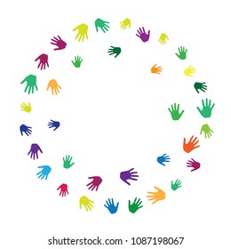 Hands border, palms frame isolated on white vector background design. Multicolored handprints, symbols of friendship, teamwork. Art therapie concept. Children hands prints in paint.
