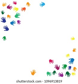 Hands border, palms frame isolated on white vector background design. Colorful handprints, symbols of working together, charity. Art therapy concept. Children hands prints in bright paint.