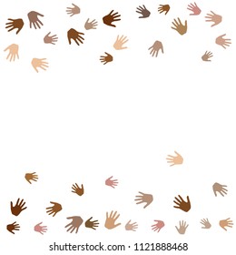 Hands border, palms frame isolated on white vector background. Skin color diversity concept. Social, national, racial issues icons.  Hand prints, human palms teamwork concept.