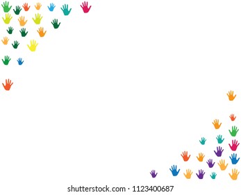Hands border, palms frame isolated on white vector background design. Bright handprints, symbols of working together. Art therapy concept. Helping hands prints in bright paint.