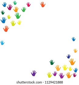 Hands border, palms frame isolated on white vector background design. Colorful handprints, symbols of working together, partnership. Art therapy concept. Children hands prints in bright paint.