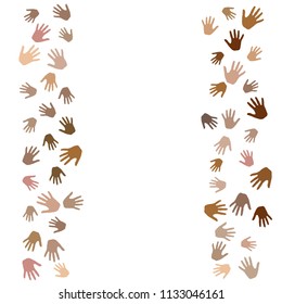 Hands border, palms frame isolated on white vector illustration. Skin color diversity concept. Social, national, racial issues symbols.  Hand prints, human palms volunteering concept.