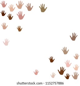 Hands border, palms frame isolated on white vector background design. Skin color diversity concept. Social, national, racial issues symbols.  Hand prints, human palms teamwork concept.