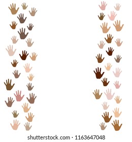 Hands border, palms frame isolated vector background. Skin color diversity concept. Social, national, racial issues symbols.  Hand prints, human palms - friendship concept.