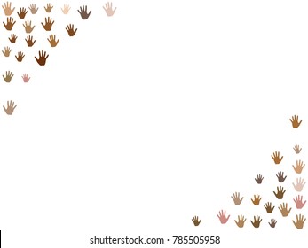 Hands border, palms frame isolated on white vector illustration. Skin color diversity concept. Social, national, racial issues symbols.  Hand prints, human palms - friendship concept.