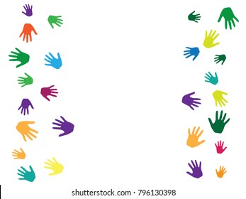 Hands border, palms frame isolated on white vector background design. Multicolored handprints, symbols of friendship, teamwork, cooperation and partnership. Children hands prints in bright paint.