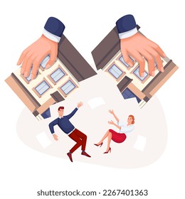 Hands of boss throw employees out of broken office building vector illustration. Cartoon angry employer throwing fired man and woman out of workplace to dismiss during staff reductions, downsizing