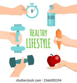 Hands with bottle, apple and dumbbells healthy lifestyle concept vector illustration