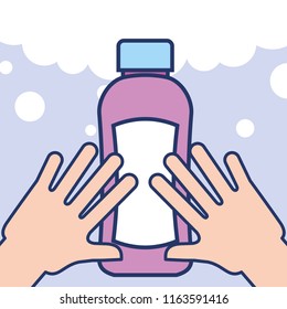 hands with bottle shampoo bathroom
