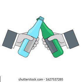 hands with bottles touch the necks. friendship, arrangement concept. vector illustration.