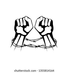 hands bound in barbed wire