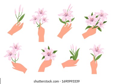 Hands with bouquets or branches of blooming flowers. Pink lilies. Floral decorative design elements isolated on white background. Elegant spring-summer gifts. Vector hand-drawn illustration.