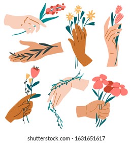 Hands with bouquets set. Leaves, plants, bunches of blooming flowers. Hand drawn flat vector illustration. Human palms, wrists, gestures. Spring or summer concept. Floral icons for celebration design