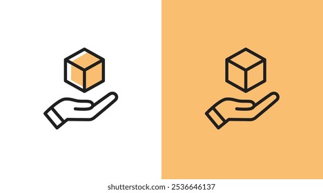 Hands and box package logo icon. Hands holding box package symbol. Hands giving package carton box. Box package logistic care logo icon design template