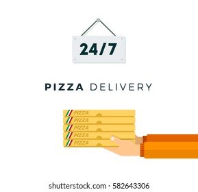 Hands with boxes of pizza twenty four hours vector flat material design isolated on white