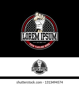 HANDS UP FOR BOXING OR MARTIAL ARTS SPORT VECTOR LOGO TEMPLATE