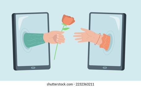 Hands of boyfriend and girlfriend coming out of smartphones. Lovers using dating app, male hand holding rose flat vector illustration. Love, romance, online dating, technology concept for banner