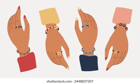 Manos con accesorios de pulsera, anillos, joyas. Vector