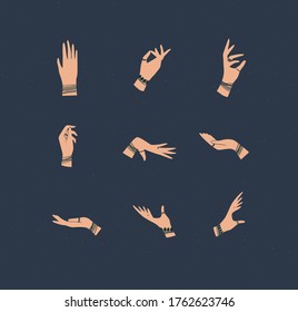 Hands with bracelets and rings in ethnical style in different positions to express emotions and feelings drawing on blue background