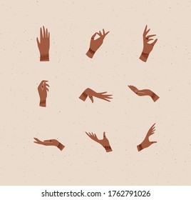 Hands with bracelets and rings in ethnical style in different positions to express emotions and feelings drawing on beige background