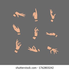 Hands with bracelets and rings in ethnical style in different positions to express feelings and emotions drawing on gray background