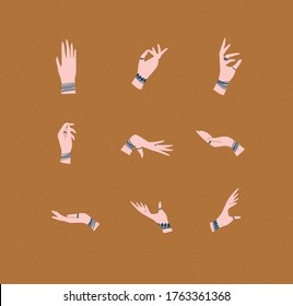 Hands with bracelets and rings in ethnical style in different positions to express emotions and feelings drawing on mustard background