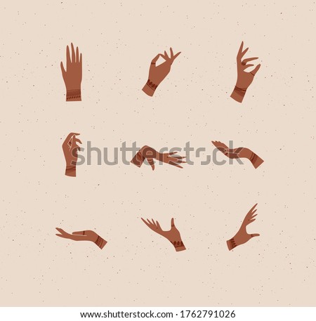 Hands with bracelets and rings in ethnical style in different positions to express emotions and feelings drawing on beige background