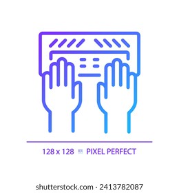 Hands with Braille keyboard pixel perfect gradient linear vector icon. Equipment for users with eyesight problems. Thin line color symbol. Modern style pictogram. Vector isolated outline drawing