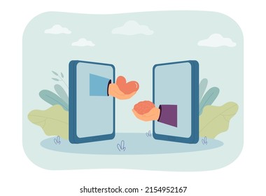 Hands with brain and heart out of phone screens. Balance between feelings and intelligence flat vector illustration. Cooperation, concept for banner, website design or landing web page