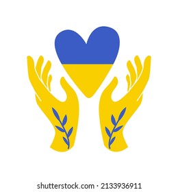 Hands with branch and heart icon blue yellow colors Ukrainian flag isolated on white background   . Vector flat illustration with symbol of peace.