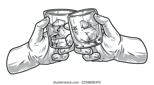 Manos con pegatina monocroma de brandy con dos palmas de hombres bebiendo whisky de bebida alcohólica o ron con ilustración de vector de hielo