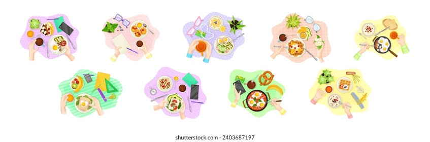 Hands and Breakfast Table Above View with Meal on Plate Vector Set
