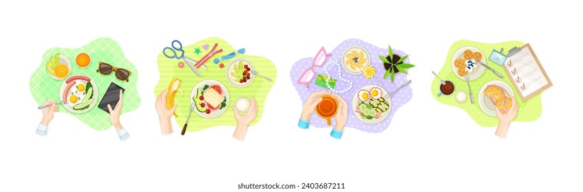 Hands and Breakfast Table Above View with Meal on Plate Vector Set
