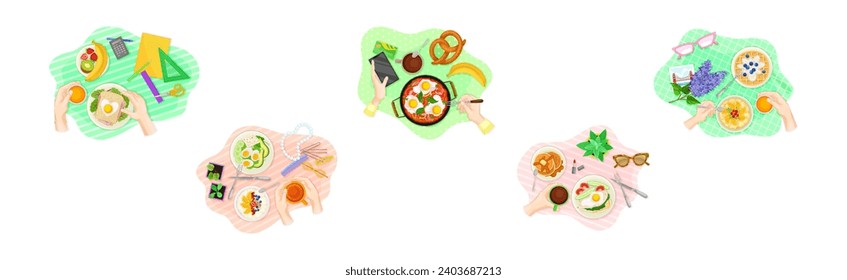 Hands and Breakfast Table Above View with Meal on Plate Vector Set