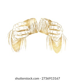 Hands breaking bread biblical illustration, symbolic Christian pencil sketch of two hands holding, breaking bread, representing communion, Eucharist. Golden hand drawn religious artwork 