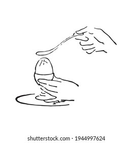 Hands breaking the egg, simple outline logo vector drawing. Cracked eggshell silhouette fast sketch. Breakfast served on the table. Boiled egg is delicious, natural and healthy food hand drawn art.