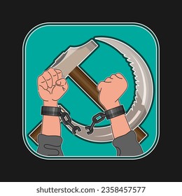 Hands breaking fetters and chains against the background of crossed hammer and sickle. Emblem, icon on a black background. Vector illustration