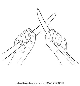 Hands breaking up a fight by taking apart sword blades. Cartoon vector illustration. Hands holding crossed swords.