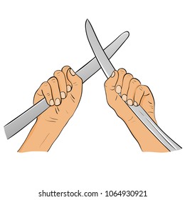 Hands breaking up a fight by taking apart sword blades. Cartoon vector illustration. Hands holding crossed swords.