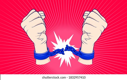 Hands Breaking Free From Chains - Colourful Illustration Of Freedom, Revolution And Repression. Vector Format.