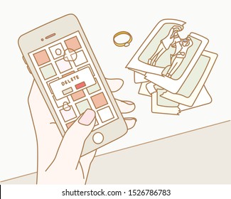 Hands breaking up with lover and deleting photo from mobile phone. Here the picture taken with the lover is torn. hand drawn style vector design illustrations. 