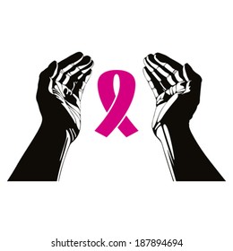 Hands with breast cancer ribbon vector symbol.