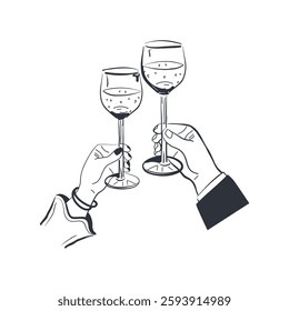 The hands of the bride and groom clink glasses of champagne. Vector illustration, hand drawn in black ink. Isolated.