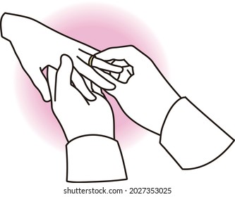 Hands of bride and groom exchanging rings svg