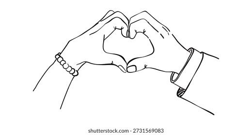 Manos de la novia y el novio doblados en un símbolo del corazón. Dibujado a mano doodle romántico boda ilustración aislada sobre fondo blanco