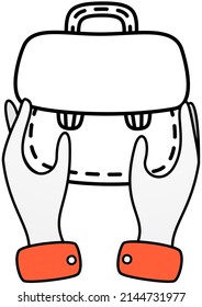 Hands with briefcase, container for documents. Baggage for office worker or businessman. Luggage, business accessory for man and woman. Hands holding briefcase icon isolated on white background